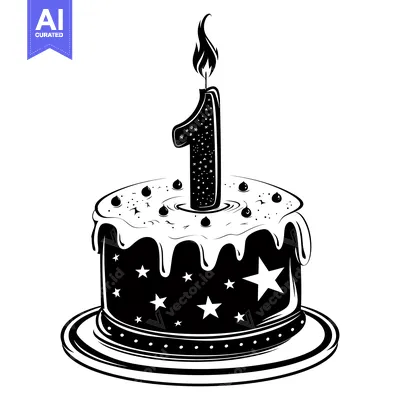 Aset desain premium: A Black and White Illustration of a Birthday Cake with a Single Lit Ca
