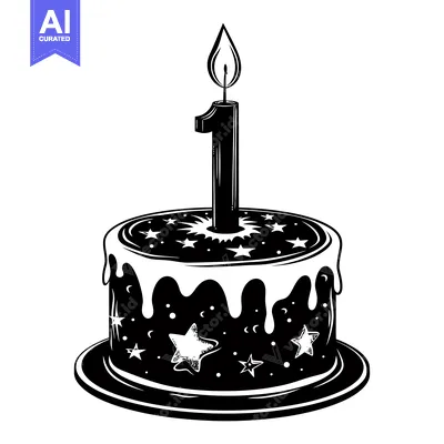 Aset desain premium: A Black and White Illustration of a Birthday Cake with a Single Lit Ca