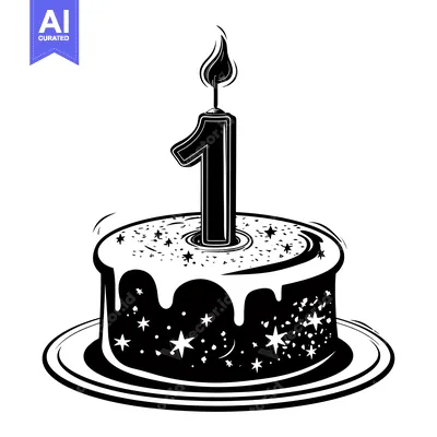 Aset premium populer: Black and White Illustration of a Birthday Cake with a Single Candle N