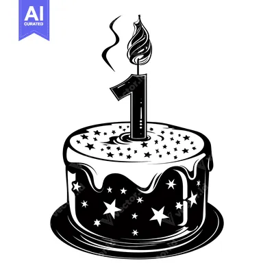 Aset premium populer: Black and White Birthday Cake with Number One Candle and Stars