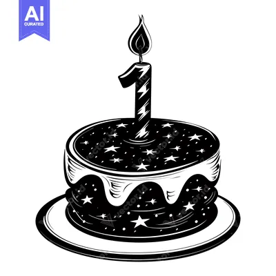 Aset desain premium: Black and White Illustration of a Birthday Cake with a Single Candle