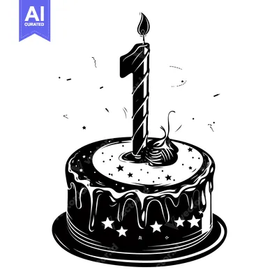 Popular premium asset: Black and White Illustration of a Birthday Cake with a Single Lit Cand