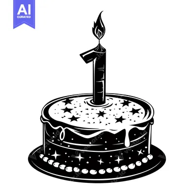 Premium design asset: Black and White Illustration of a Birthday Cake with a Single Candle