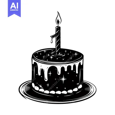 Aset premium populer: Black and White Illustration of a Birthday Cake with a Single Candle