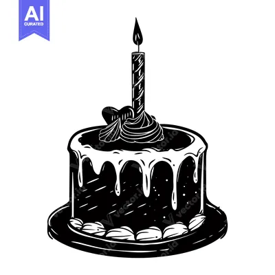 Popular premium asset: Black and White Illustration of a Birthday Cake with a Candle