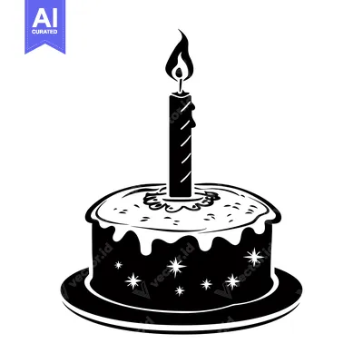 Aset desain premium: A Black and White Illustration of a Birthday Cake with One Lit Candle