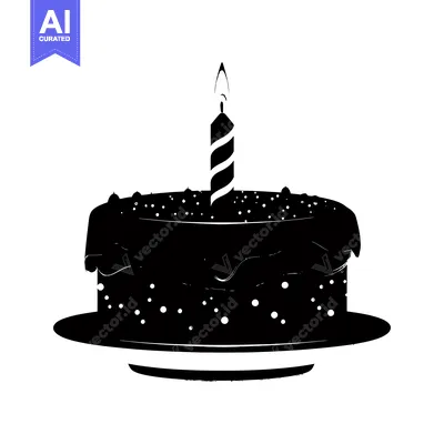 Aset desain premium: Black and White Silhouette of a Birthday Cake with a Single Candle