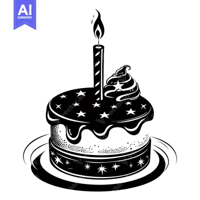 Aset desain premium: Black and white illustration of a birthday cake with a lit candle