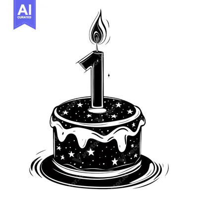 Premium design asset: A Black and White Illustration of a Birthday Cake with a Single Lit Ca
