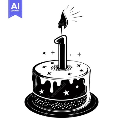 Aset desain premium: Black and White Birthday Cake with Candle Number One