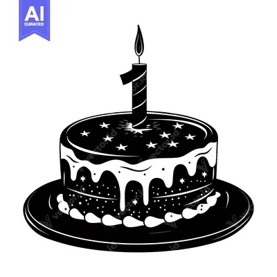 Aset desain premium: A Black and White Silhouette of a Birthday Cake with One Candle