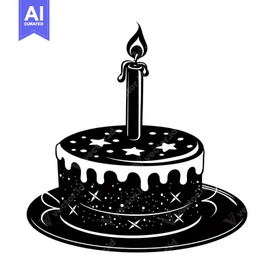 Black and White Silhouette of a Birthday Cake with a Candle