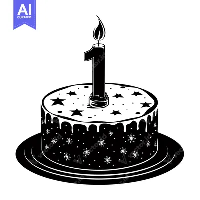 Aset desain premium: Black and White Silhouette of a Birthday Cake with One Candle