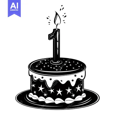 Aset desain premium: Black and White Illustration of a Birthday Cake with a Single Candle