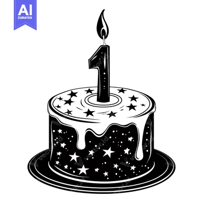 Aset desain premium: A Birthday Cake with a Lit Candle Number One and Stars