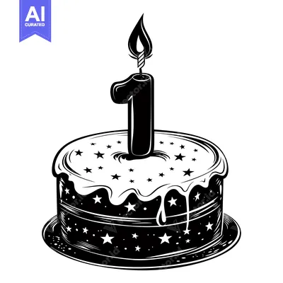 Aset desain premium: Black and White Birthday Cake with Number One Candle and Stars
