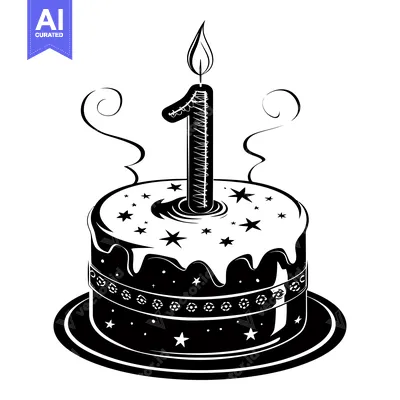 Black and White Illustration of a Birthday Cake with a Candle Shaped L