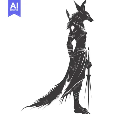 Aset desain premium: Silhouette of Anubis, Egyptian God of the Dead, Holding a Spear