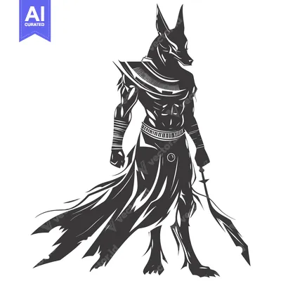 Aset desain premium: Anthropomorphic Jackal Deity with Draped Clothing and Weapon