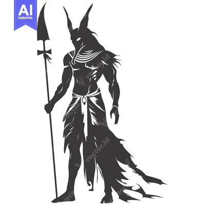 Aset desain premium: A silhouette of the Egyptian god Anubis holding a spear