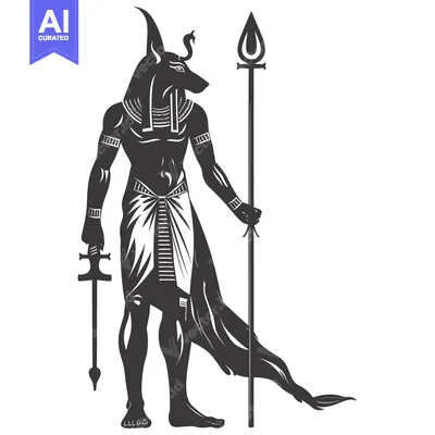 Aset desain premium: Anubis, Egyptian God of the Dead, Holding a Staff and a Sword