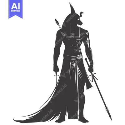 Silhouette of Anubis, Egyptian God of the Dead, Holding a Sword and a