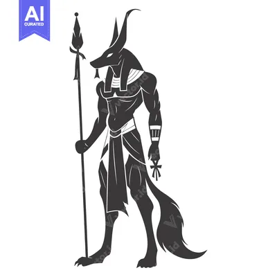 Aset desain premium: Anubis, Egyptian God of the Dead, with Spear and Ankh Symbol
