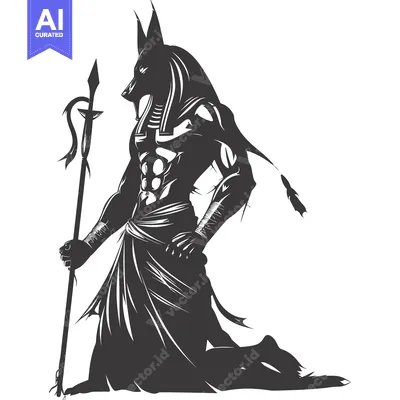 Aset desain premium: Anubis, the Egyptian God of the Dead, Kneeling with a Staff