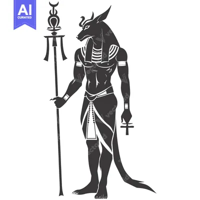 Aset desain premium: Anubis, the Egyptian God of the Dead, Holding a Staff and Ankh
