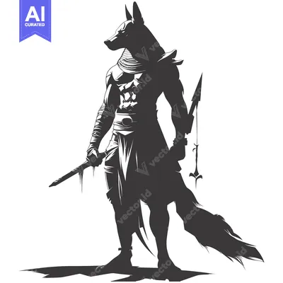 Aset desain premium: Anthropomorphic Jackal Warrior with Spear and Sword