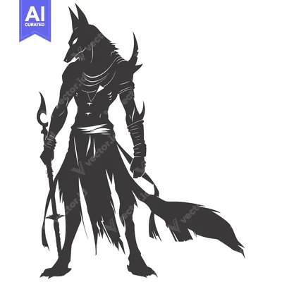 Aset desain premium: Silhouette of a Wolf-Headed Humanoid Figure Holding a Staff