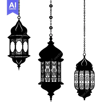 Aset desain premium: Three Ornate Hanging Lanterns with Intricate Designs