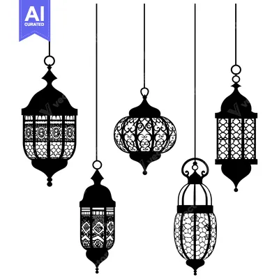 Aset desain premium: Five Black And White Ornamental Hanging Lanterns