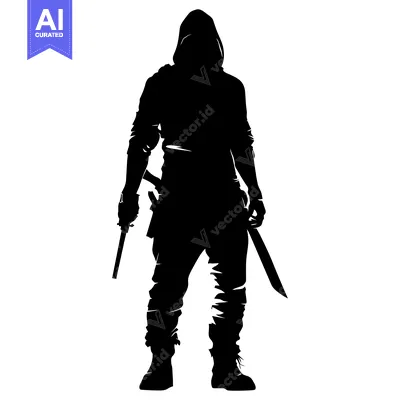 Popular premium asset: Silhouette of a Hooded Figure Holding a Gun and a Sword