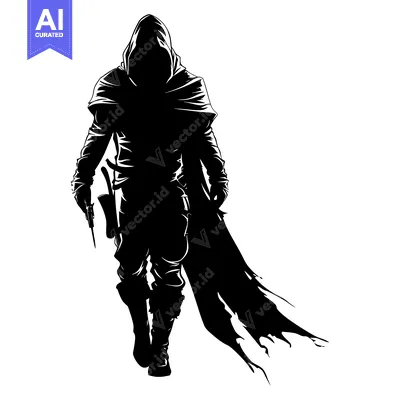 Aset desain premium: Silhouette of a Hooded Figure Holding a Weapon