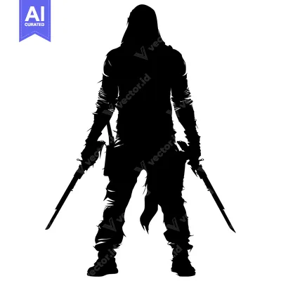 Silhouette of a hooded figure holding two swords