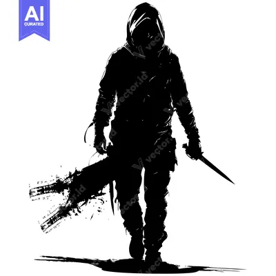 Aset desain premium: Silhouette of a hooded figure with a weapon and a knife