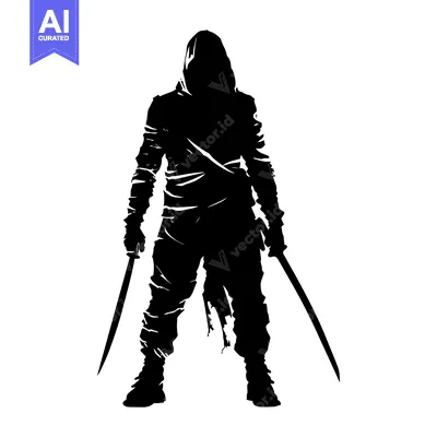 Premium design asset: Silhouette of a hooded figure holding two swords