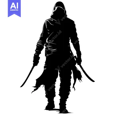 Popular premium asset: Silhouette of a Hooded Figure Holding Two Swords