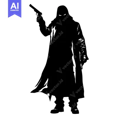 Silhouette of a hooded figure holding a gun
