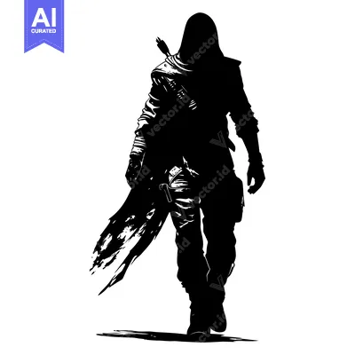 Aset desain premium: A Black and White Silhouette of a Hooded Figure with a Bow and Arrow