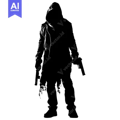 Silhouette of a hooded figure holding two guns