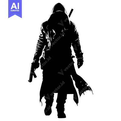 Aset desain premium: Silhouette of a hooded figure holding a gun and a sword