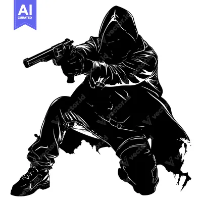 Popular premium asset: Silhouette of a Hooded Figure Holding a Gun