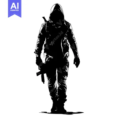 Aset premium populer: Silhouette of a Hooded Figure Holding a Rifle