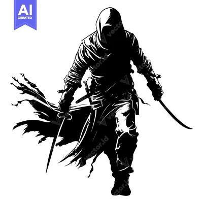 Aset premium populer: Silhouette of a hooded figure wielding two swords