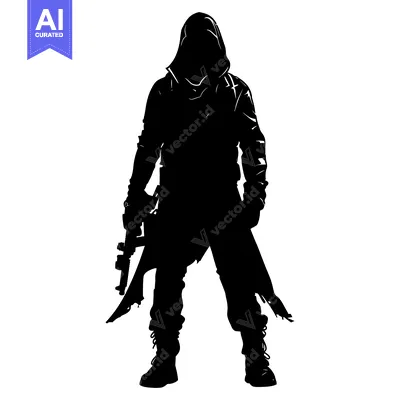 Silhouette of a hooded figure holding a weapon