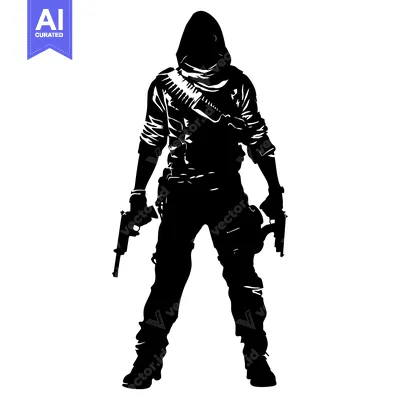 Black and White Silhouette of a Hooded Figure Holding Two Guns