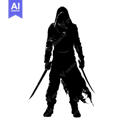 Aset desain premium: Silhouette of a hooded figure wielding two swords