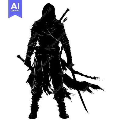 Aset premium populer: Silhouette of a hooded warrior with a sword and dagger